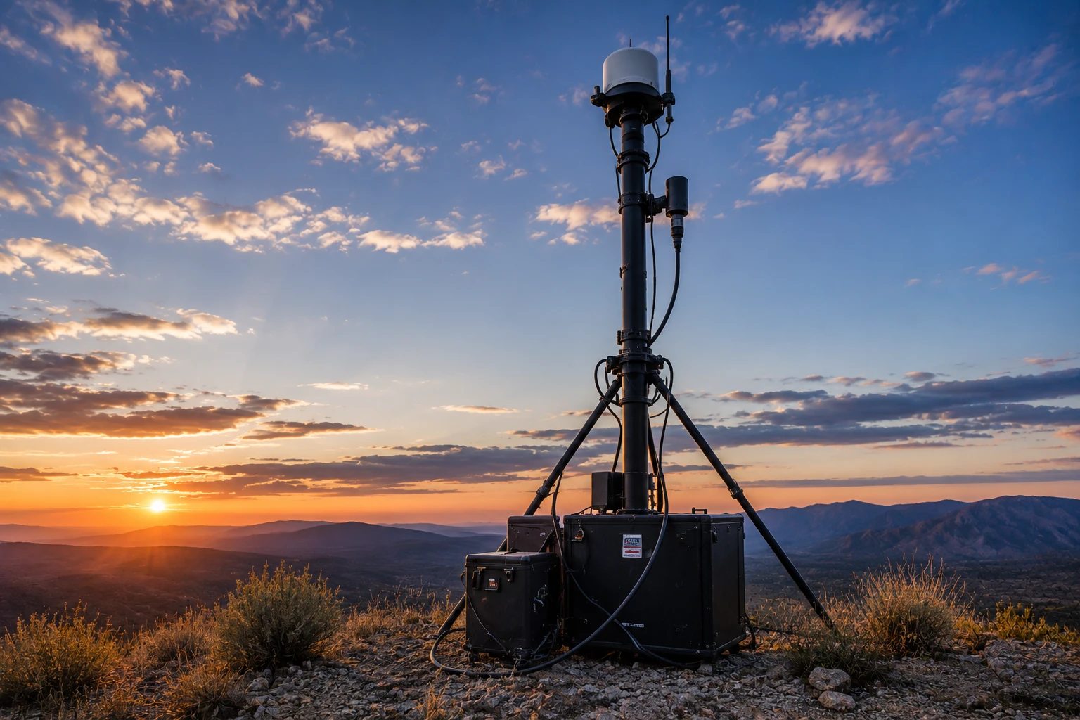 Deployable secure communications mast at sunset