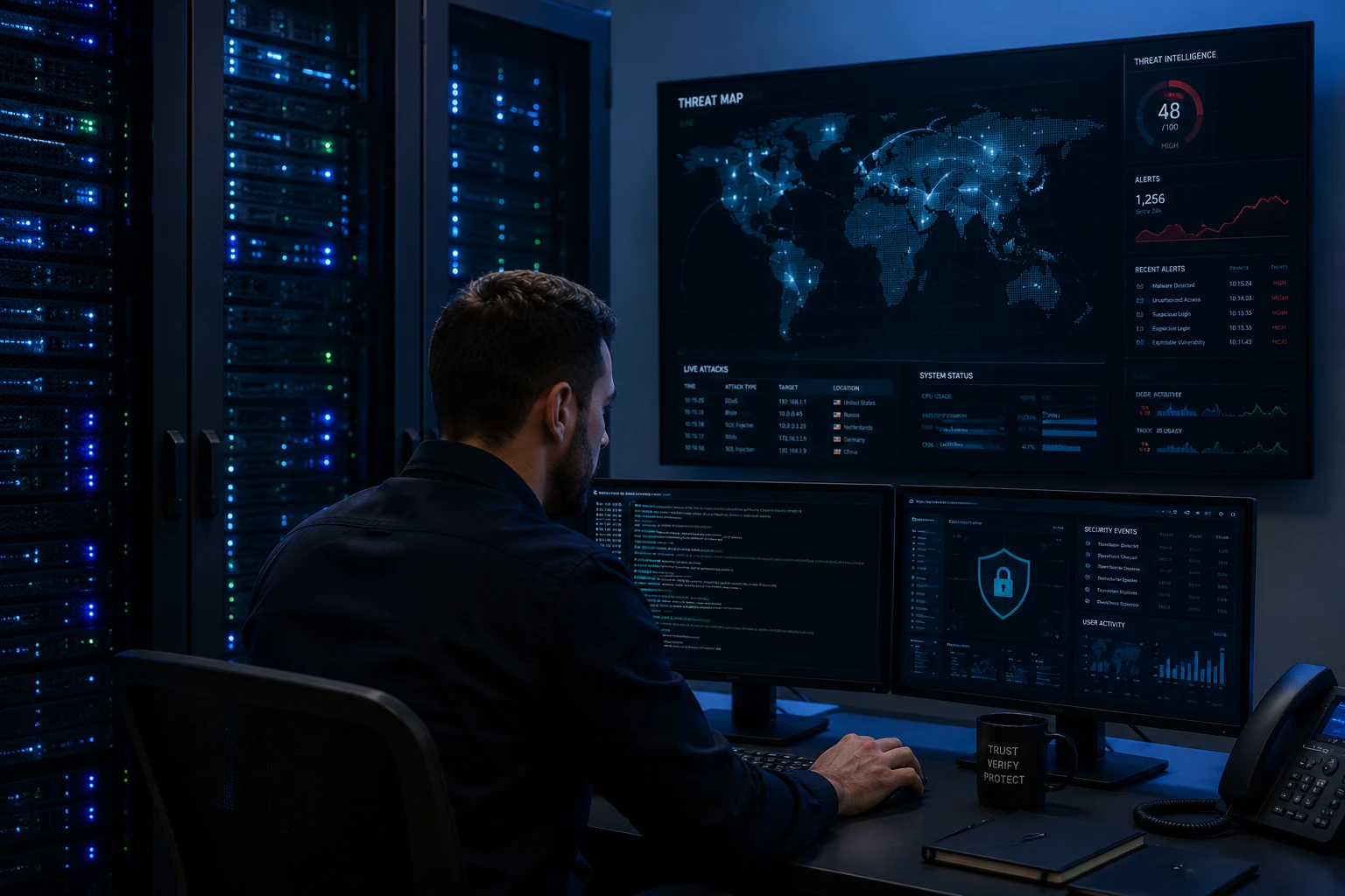 Cybersecurity analyst monitoring threat intelligence dashboards