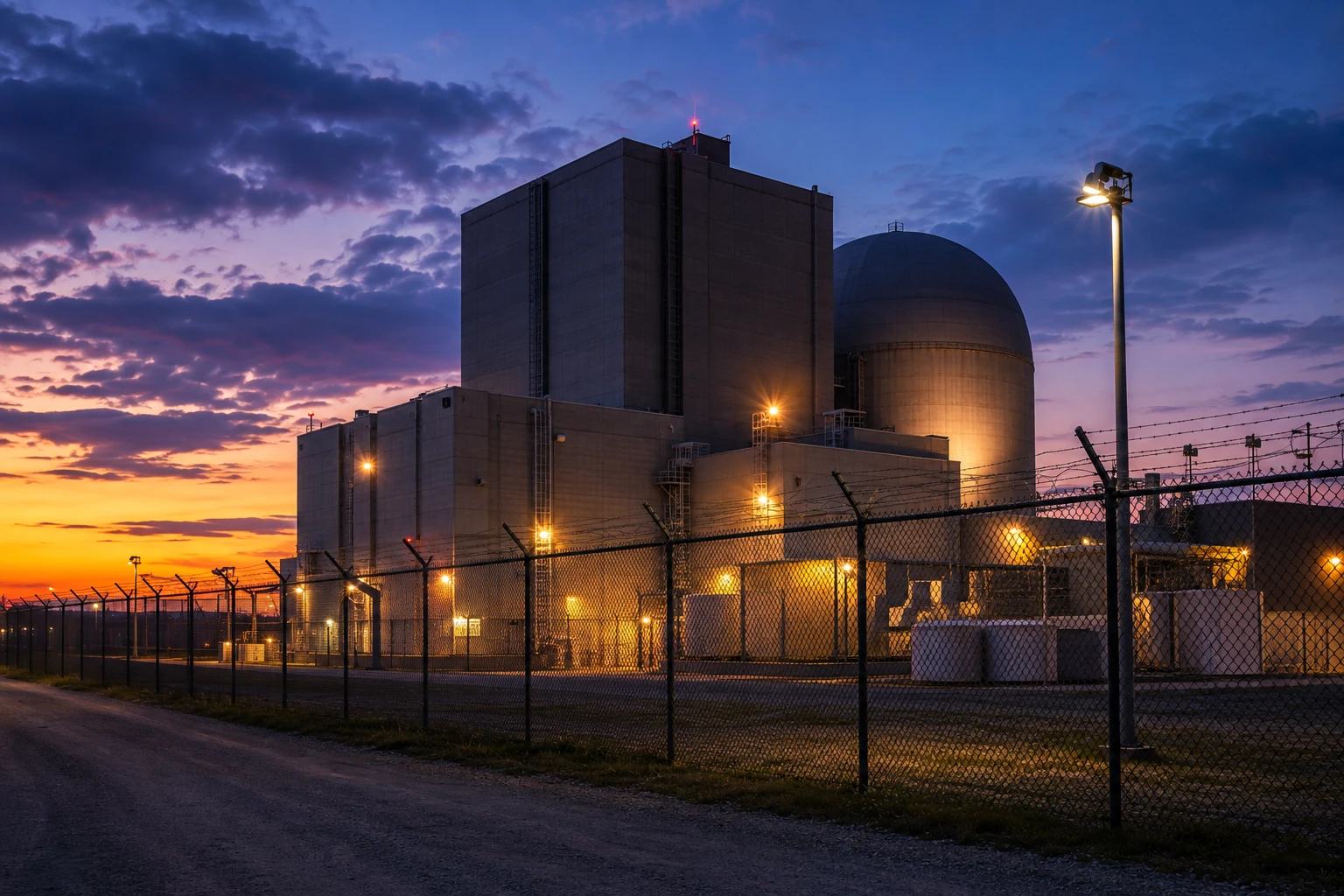 Nuclear facility perimeter and reactor building at dusk