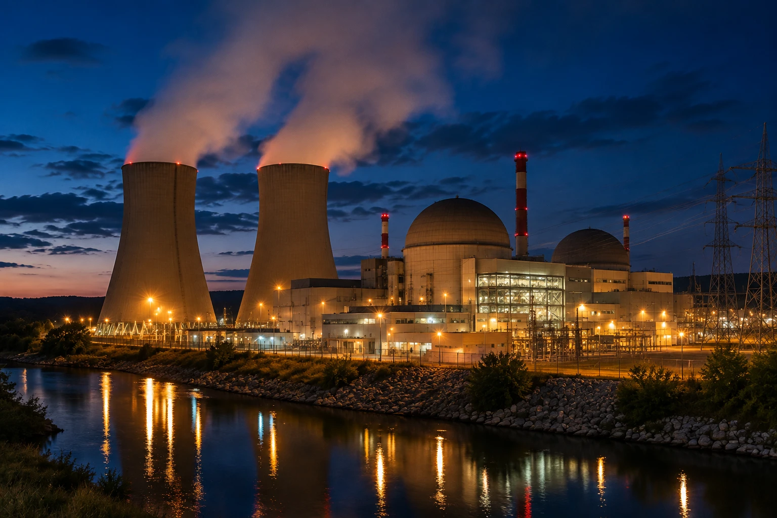 Nuclear facility cooling towers and reactor domes illuminated at night