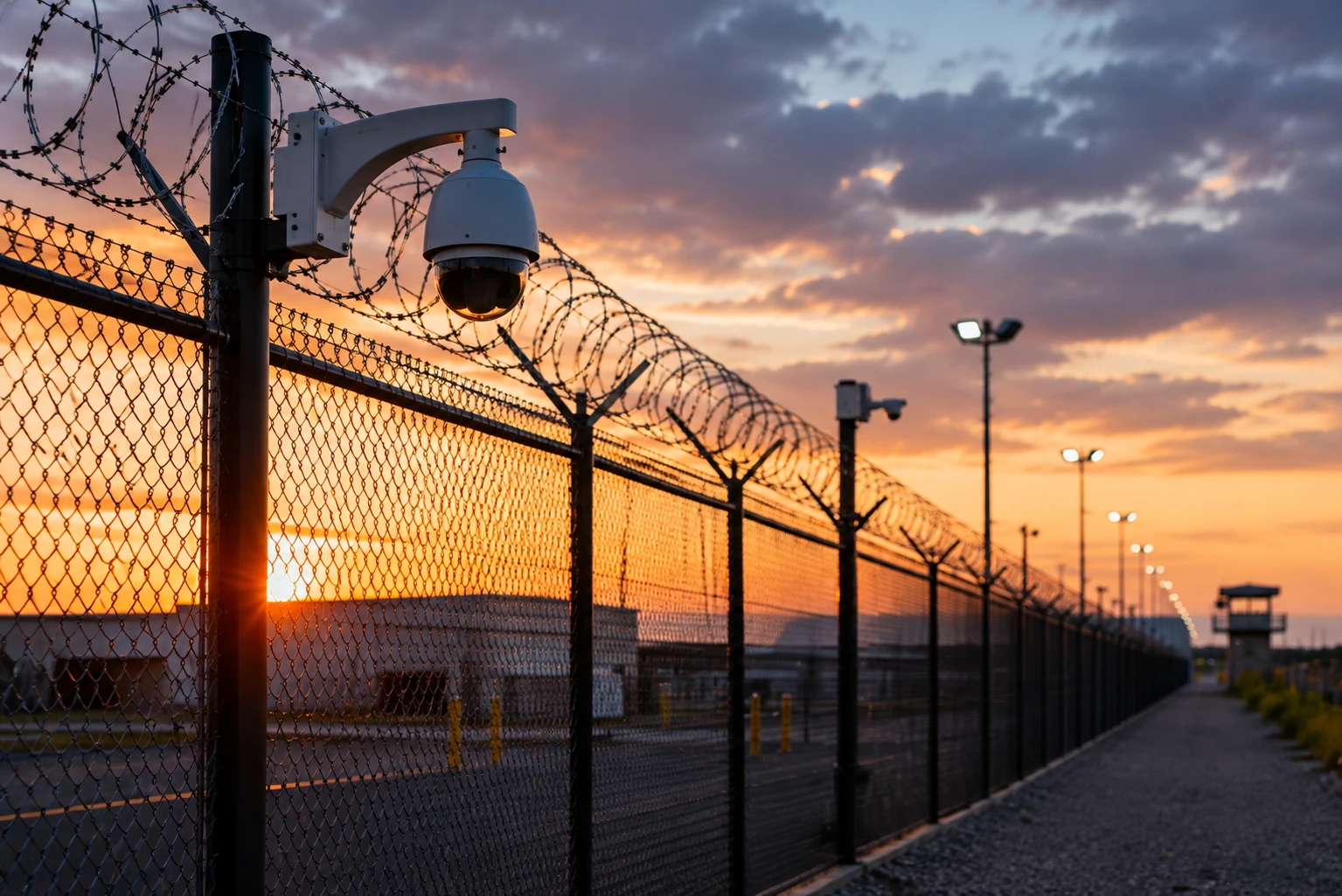 Perimeter security fence with surveillance camera at sunset