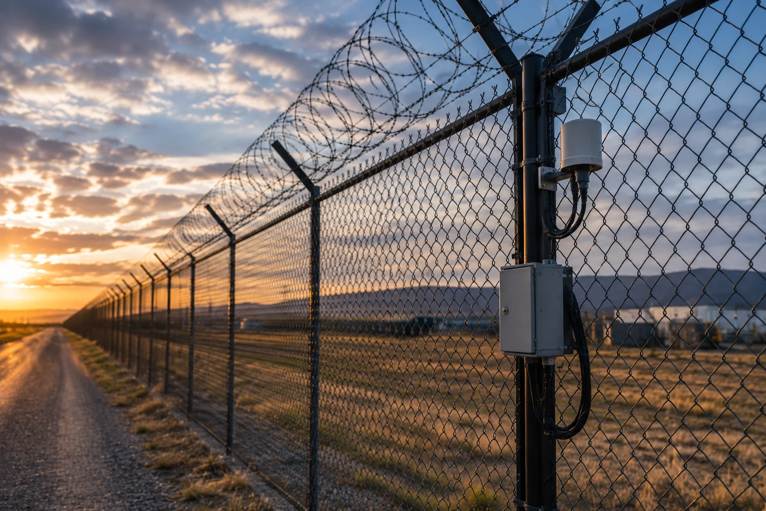 Perimeter security fence with mounted sensor at sunset