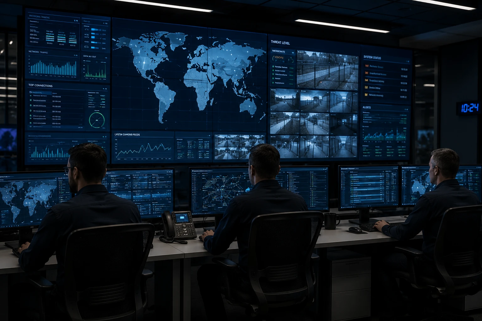 Security operations center with analysts monitoring global systems
